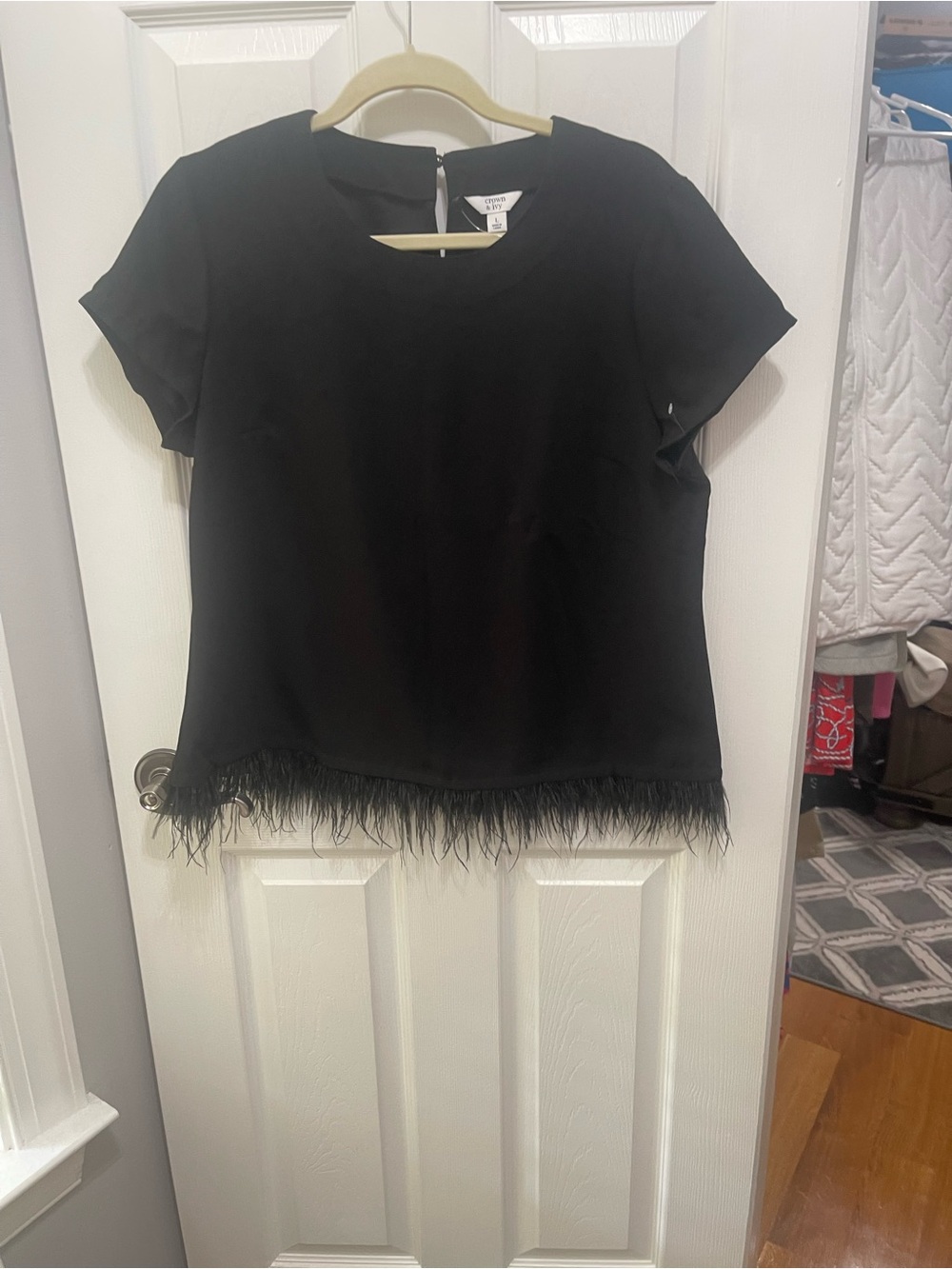 crown & ivy Black Short Sleeve Top with Feather Trim